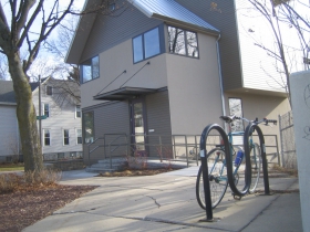 Bike rack in front of the BikePath Building.