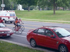 Jay Iverson takes the b-cycle for a spin.