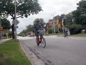Chris Socha taking the B-Cycle for a spin.