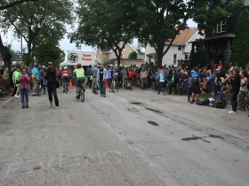 Riders gathering at the end of the race.