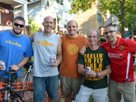 The City of Milwaukee Team Celebrates at the Finish Line. Andy Tillman, Ald. Nik Kovac, City Engineer Jeff Polenske, Michael Loughran, and Patrick Hartmann, and Matt Howard (not pictured) rode for