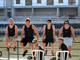 Purdue University Rowing Getting Ready to Race on the Schlitz Park Riverwalk