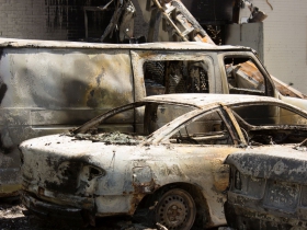 Destroyed cars at the BP Gas Station