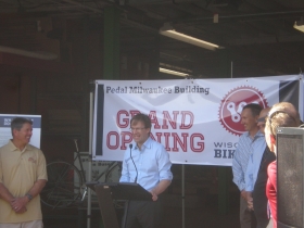 Milwaukee County Executive Chris Abele speaks at the opening of the Pedal Milwaukee Building.