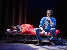 Abram Nelson (Nathan Lukowski) and Dan DeLuca (Jerry Lukowski) in Skylight Music Theatre’s production of The Full Monty running September 24 – October 17, 2021.