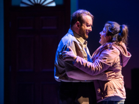 Nathan Marinan (Dave Bukatinsky) and Karen Estrada (Georgie Bukatinsky) in Skylight Music Theatre’s production of The Full Monty running September 24 – October 17, 2021.