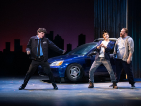(l. to r.) Joey Chelius (Malcolm MacGregor), Dan DeLuca (Jerry Lukowski) and Nathan Marinan (Dave Bukatinsky) in Skylight Music Theatre’s production of The Full Monty running September 24 – October 17, 202