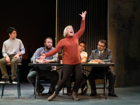 (l. to r.) Abram Nelson (Nathan Lukowski), Nathan Marinan (Dave Bukatinsky), Jan Neuberger (Jeanette Burmeister, center), Dan DeLuca (Jerry Lukowsk) and Zach Thomas Woods (Harold Nichols) in Skylight Music Theatre’s production of The Full Monty running September 24 – October 17, 2021.