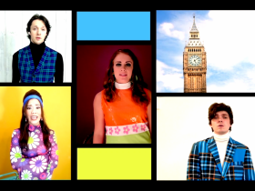 Max Pink (Algernon, top left), Ashley Oviedo (Cecily, lower left), Stephanie Staszak (Gwendolyn, center) and Joey Chelius (Jack, right) in the full-length virtual musical Being Earnest based on The Importance of Being Earnest.