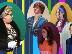 Nathan Marinan (Lady Bracknell, far left), Joey Chelius (Jack, top center), StephanieStaszak (Gwendolyn, lower center), Ashley Oviedo (Cecily, top right) and Max Pink (Algernon, lower right) in the full-length virtual musical Being Earnest based on The Importance of Being Earnest.