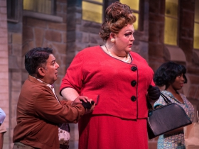 (l. to r.) David Flores (Wilbur Turnblad) and Tommy Novak (Edna Turnblad) in rehearsal for Skylight Music Theatre’s production of Hairspray November 16 – December 30.