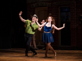 (l. to r.) Joe Capstick (Bill Calhoun/Lucentio) and Kaylee Annable (Lois Lane/Bianca) in rehearsal for Skylight Music Theatre’s production of Kiss Me, Kate May 17 – June 16.