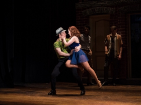 (l. to r.) Joe Capstick (Bill Calhoun/Lucentio) and Kaylee Annable (Lois Lane/Bianca) in rehearsal for Skylight Music Theatre’s production of Kiss Me, Kate May 17 – June 16.