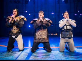Lewis (Alex Campea), Todd Denning (Charlemagne) and Lucas Pastrana (Pippin) in rehearsal for Skylight Music Theatre’s production of Pippin September 21 – October 7 on the Cabot Theatre stage.