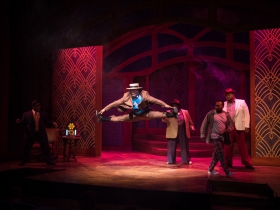 (l. to r.) James Carrington (Four-Eyed Moe), Shawn Holmes (No Moe), Kevin James Sievert (Little Moe), Gavin Lawrence (Nomax) and Lorenzo Rush Jr. (Big Moe), in rehearsal for Skylight Music Theatre’s production of Five Guys Named Moe January 25 – February 10.