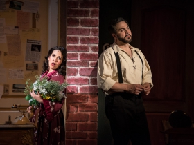 (l. to r.) Rána Roman (Lilli Vanessi/Katharine) and Andrew Varela (Fred Graham/Petruchio) in rehearsal for Skylight Music Theatre’s production of Kiss Me, Kate May 17 – June 16.