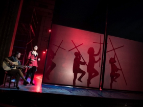 Natalie Ford (Catherine), Krystal Drake (Leading Player) and cast of Pippin in rehearsal for Skylight Music Theatre’s production of Pippin September 21 – October 7 on the Cabot Theatre stage.