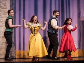 (l. to r.) Joe Capstick (Bill Calhoun/Lucentio), Kaylee Annable (Lois Lane/Bianca), Andrew Varela (Fred Graham/Petruchio) and Rána Roman (Lilli Vanessi/Katharine) in rehearsal for Skylight Music Theatre’s production of Kiss Me, Kate May 17 – June 16.