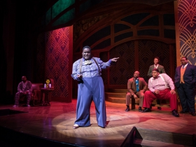(l. to r.) Gavin Lawrence (Nomax), Kevin James Sievert (Little Moe), Shawn Holmes (No Moe), Sean Anthony Jackson (Eat Moe), Lorenzo Rush Jr. (Big Moe) and James Carrington (Four-Eyed Moe) in rehearsal for Skylight Music Theatre’s production of Five Guys Named Moe January 25 – February 10.