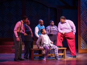 (l. to r.) Sean Anthony Jackson (Eat Moe), James Carrington (Four-Eyed Moe), Gavin Lawrence (Nomax), Shawn Holmes (No Moe), Kevin James Sievert (Little Moe), and Lorenzo Rush Jr. (Big Moe) in rehearsal for Skylight Music Theatre’s production of Five Guys Named Moe January 25 – February 10.