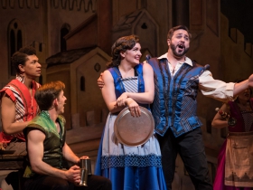 (l. to r.) Sean Anthony Jackson (Paul/Hortensio), Joe Capstick (Bill Calhoun/Lucentio), Sydney Kirkegaard (Chorine/Waitress/Ensemble), and Andrew Varela (Fred Graham/Petruchio) in rehearsal for Skylight Music Theatre’s production of Kiss Me, Kate May 17 – June 16.
