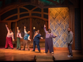 (l. to r.) Lorenzo Rush Jr. (Big Moe), Sean Anthony Jackson (Eat Moe), Shawn Holmes (No Moe), James Carrington (Four-Eyed Moe), Kevin James Sievert (Little Moe) and Gavin Lawrence (Nomax) in rehearsal for Skylight Music Theatre’s production of Five Guys Named Moe January 25 – February 10.