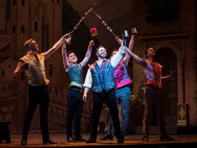 (l. to r.) Ryan Cappleman (Dance Captain/Ensemble), Joe Capstick (Bill Calhoun/Lucentio), Andrew Varela (Fred Graham/Petruchio) Tim Rebers (Gremio/Flynt) and Sean Anthony Jackson (Paul/Hortensio) in rehearsal for Skylight Music Theatre’s production of Kiss Me, Kate May 17 – June 16.