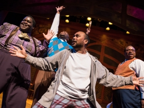 (clockwise from the left) Kevin James Sievert (Little Moe), Shawn Holmes (No Moe), James Carrington (Four-Eyed Moe) and Gavin Lawrence (Nomax) in rehearsal for Skylight Music Theatre’s production of Five Guys Named Moe January 25 – February 10.