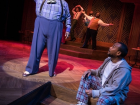 (clockwise from the left) Kevin James Sievert (Little Moe), Sean Anthony Jackson (Eat Moe), Shawn Holmes (No Moe), James Carrington (Four-Eyed Moe) and Gavin Lawrence (Nomax) in rehearsal for Skylight Music Theatre’s production of Five Guys Named Moe January 25 – February 10.