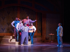 (l. to r.)  Shawn Holmes (No Moe), Sean Anthony Jackson (Eat Moe), Kevin James Sievert (Little Moe), Lorenzo Rush Jr. (Big Moe), James Carrington (Four-Eyed Moe), and Gavin Lawrence (Nomax) in rehearsal for Skylight Music Theatre’s production of Five Guys Named Moe January 25 – February 10.