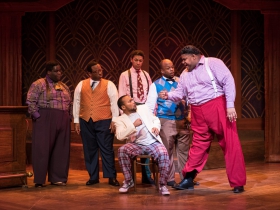 (l. to r.) Kevin James Sievert (Little Moe), James Carrington (Four-Eyed Moe), Sean Anthony Jackson (Eat Moe), Gavin Lawrence (Nomax, front), Shawn Holmes (No Moe) and Lorenzo Rush Jr. (Big Moe) in rehearsal for Skylight Music Theatre’s production of Five Guys Named Moe January 25 – February 10.