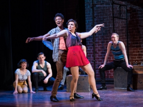 (l. to r.) Haley Haupt (Clair/Ensemble), Joe Capstick (Bill Calhoun/Lucentio), Sean Anthony Jackson (Paul/Hortensio), Sydney Kirkegaard (Chorine/Waitress/Ensemble) and Ryan Cappleman (Dance Captain/Ensemble) in rehearsal for Skylight Music Theatre’s production of Kiss Me, Kate May 17 – June 16.