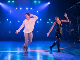 Lucas Pastrana (Pippin) and Krystal Drake (Leading Player) in rehearsal for Skylight Music Theatre’s production of Pippin September 21 – October 7 on the Cabot Theatre stage.