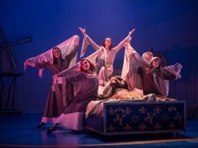 Natalie Ford (Catherine), center, with cast of Pippin in rehearsal for Skylight Music Theatre’s production of Pippin September 21 – October 7 on the Cabot Theatre stage.