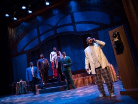 (l. to r.) James Carrington (Four-Eyed Moe), Shawn Holmes (No Moe), Lorenzo Rush Jr. (Big Moe), Kevin James Sievert (Little Moe), Sean Anthony Jackson (Eat Moe) and Gavin Lawrence (Nomax) in rehearsal for Skylight Music Theatre’s production of Five Guys Named Moe January 25 – February 10.