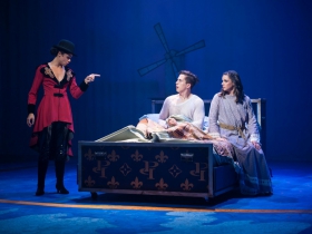 Krystal Drake (Leading Player), Lucas Pastrana (Pippin) and Natalie Ford (Catherine) in rehearsal for Skylight Music Theatre’s production of Pippin September 21 – October 7 on the Cabot Theatre stage.