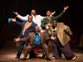 (clockwise from the left) James Carrington (Four-Eyed Moe), Lorenzo Rush Jr. (Big Moe), Sean Anthony Jackson (Eat Moe), Kevin James Sievert (Little Moe) and Shawn Holmes (No Moe) in rehearsal for Skylight Music Theatre’s production of Five Guys Named Moe January 25 – February 10.