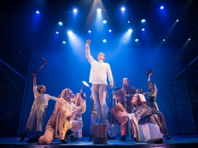 Lucas Pastrana (Pippin), center, with cast of Pippin in rehearsal for Skylight Music Theatre’s production of Pippin September 21 – October 7 on the Cabot Theatre stage.