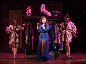 (l. to r.) Carmen Risi (chorine/Inn Keeper/Ensemble), Kaylee Annable (Lois Lane/Bianca) and Sydney Kirkegaard (Chorine/Waitress/Ensemble) in rehearsal for Skylight Music Theatre’s production of Kiss Me, Kate May 17 – June 16.