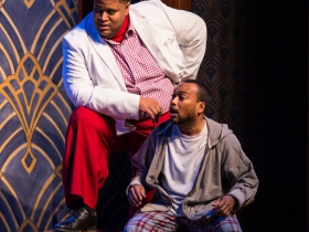 (l. to r.) Lorenzo Rush Jr. (Big Moe) and Gavin Lawrence (Nomax) in rehearsal for Skylight Music Theatre’s production of Five Guys Named Moe January 25 – February 10.