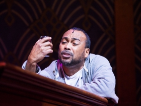 Gavin Lawrence (Nomax) in rehearsal for Skylight Music Theatre’s production of Five Guys Named Moe January 25 – February 10.