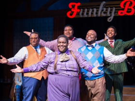 (clockwise from the left) James Carrington (Four-Eyed Moe), Lorenzo Rush Jr. (Big Moe), Sean Anthony Jackson (Eat Moe), Shawn Holmes (No Moe) and Kevin James Sievert (Little Moe) in rehearsal for Skylight Music Theatre’s production of Five Guys Named Moe January 25 – February 10.