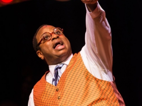 James Carrington (Four-Eyed Moe) in rehearsal for Skylight Music Theatre’s production of Five Guys Named Moe January 25 – February 10.