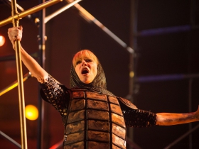 Elaine Parsons Herro (Berthe) in rehearsal for Skylight Music Theatre’s production of Pippin September 21 – October 7 on the Cabot Theatre stage.