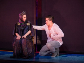 Elaine Parsons Herro (Berthe) and Lucas Pastrana (Pippin) in rehearsal for Skylight Music Theatre’s production of Pippin September 21 – October 7 on the Cabot Theatre stage.