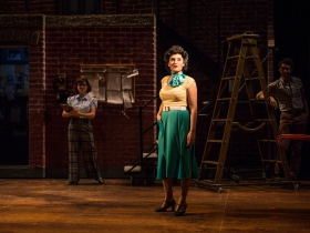 (l. to r.) Haley Haupt (Clair/Ensemble), Ashley Rodriguez (Hattie/Ensemble) and Sean Anthony Jackson (Paul/Hortensio) in rehearsal for Skylight Music Theatre’s production of Kiss Me, Kate May 17 – June 16.