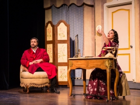 Andrew Varela (Fred Graham/Petruchio) and Rána Roman (Lilli Vanessi/Katharine) in rehearsal for Skylight Music Theatre’s production of Kiss Me, Kate May 17 – June 16.