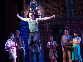 Joe Capstick (Bill Calhoun/Lucentio), center, dances as cast rehearses Skylight Music Theatre’s production of Kiss Me, Kate May 17 – June 16.