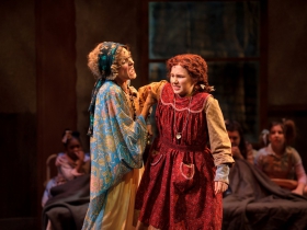 Carrie Hitchcock (Miss Hannigan) and Eloise Field (Annie in LIGHT cast) in rehearsal for Skylight Music Theatre’s production of Annie running November 17 through December 27.