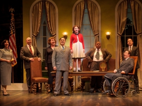 Eloise Field, center (Annie in LIGHT cast) performs with the cast in rehearsal for Skylight Music Theatre’s production of Annie running November 17 through December 27.